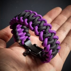 handmade stitched paracord bracelet made with 4mm black, purple, orange camo paracords, with brass adjustable shackle buckle
