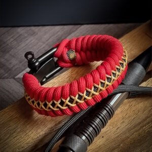 handmade paracord bracelet from Red and golden paracord type 3 with adjustable shackle buckle