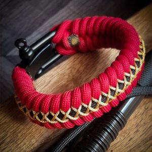 handmade paracord bracelet from Red and golden paracord type 3 with adjustable shackle buckle