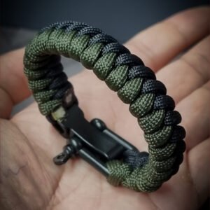 handmade paracord bracelet made with olive green and black paracord 550 with adjustable shackle buckle