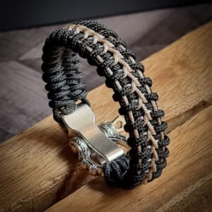 Handmade paracord bracelet with Black 4mm paracord and off white micro cord with adjustable tribal Egyptian shackle buckle