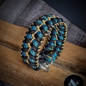 handmade stitched paracord bracelet with intricate designs using Black, Blue camo and golden paracord with adjustable silver brass tribal buckle