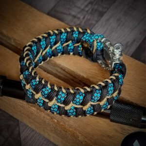 handmade stitched paracord bracelet with intricate designs using Black, Blue camo and golden paracord with adjustable silver brass tribal buckle