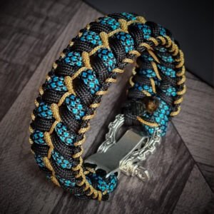 handmade stitched paracord bracelet with intricate designs using Black, Blue camo and golden paracord with adjustable silver brass tribal buckle
