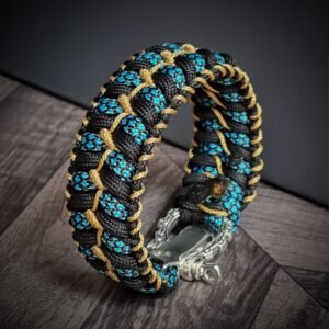 handmade stitched paracord bracelet with intricate designs using Black, Blue camo and golden paracord with adjustable silver brass tribal buckle
