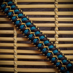 handmade stitched paracord bracelet with intricate designs using Black, Blue camo and golden paracord with adjustable silver brass tribal buckle