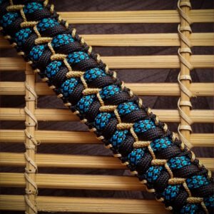 handmade stitched paracord bracelet with intricate designs using Black, Blue camo and golden paracord with adjustable silver brass tribal buckle
