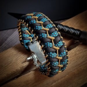 handmade stitched paracord bracelet with intricate designs using Black, Blue camo and golden paracord with adjustable silver brass tribal buckle