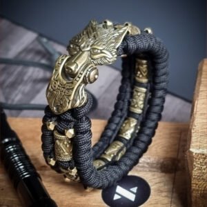 handmade Vikings wolf buckle paracord bracelet with extra brass beads and small beads
