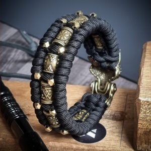handmade Vikings wolf buckle paracord bracelet with extra brass beads and small beads