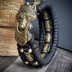 handmade Vikings wolf buckle paracord bracelet with extra brass beads and small beads