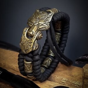 handmade Vikings wolf buckle paracord bracelet with extra brass beads