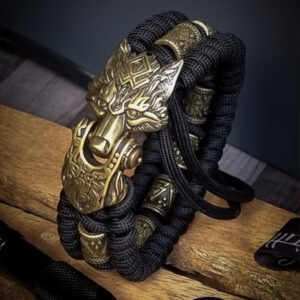 handmade Vikings wolf buckle paracord bracelet with extra brass beads