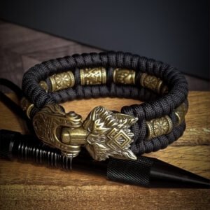 handmade Vikings wolf buckle paracord bracelet with extra brass beads