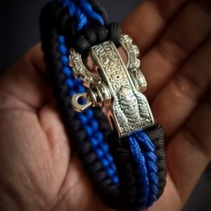 Premium Handmade stitched paracord bracelet with adjustable tribal buckle Blue and black