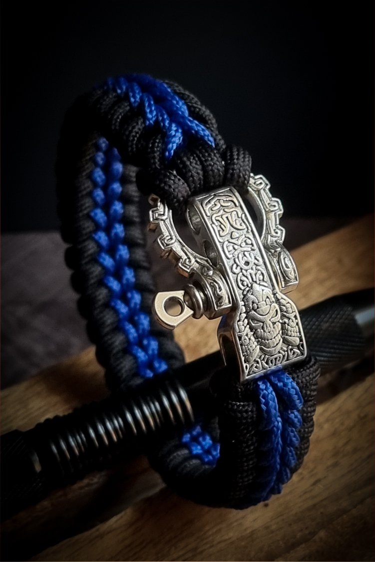 Premium Handmade stitched paracord bracelet with adjustable tribal buckle Blue and black