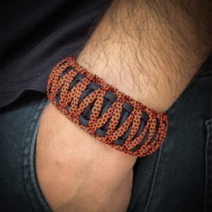 premium handmade paracord bracelet in black and orange double layer design with brass wolf Vikings tribal buckle