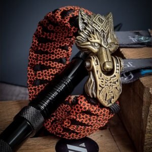 premium handmade paracord bracelet in black and orange double layer design with brass wolf Vikings tribal buckle
