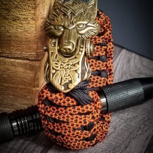 premium handmade paracord bracelet in black and orange double layer design with brass wolf Vikings tribal buckle
