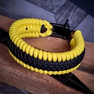 premium handmade paracord 550 bracelet with yellow and black paracord with black micro cord web deisgn and adjustable shackle buckle