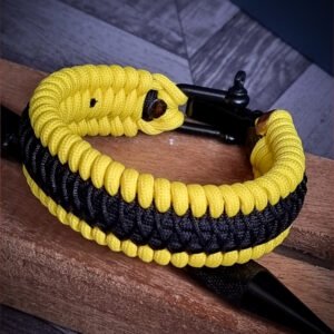 premium handmade paracord 550 bracelet with yellow and black paracord with black micro cord web deisgn and adjustable shackle buckle