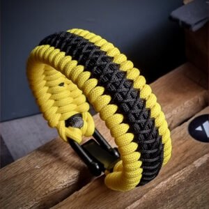 premium handmade paracord 550 bracelet with yellow and black paracord with black micro cord web deisgn and adjustable shackle buckle