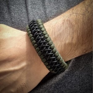 premium handmade paracord 550 bracelet with green and black paracord with black micro cord web design and adjustable shackle buckle