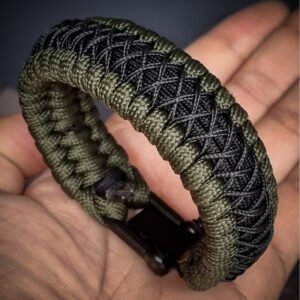 premium handmade paracord 550 bracelet with green and black paracord with black micro cord web design and adjustable shackle buckle