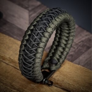 premium handmade paracord 550 bracelet with green and black paracord with black micro cord web design and adjustable shackle buckle