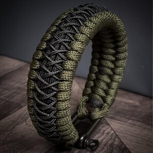 premium handmade paracord 550 bracelet with green and black paracord with black micro cord web design and adjustable shackle buckle
