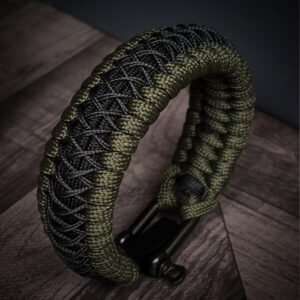 premium handmade paracord 550 bracelet with green and black paracord with black micro cord web design and adjustable shackle buckle