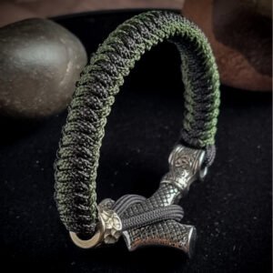 premium handmade 2mm paracord bracelet with stainless steel Thor's hammer hook in Black and olive green color