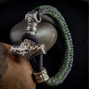 premium handmade 2mm paracord bracelet with stainless steel Thor's hammer hook in Black and olive green color