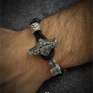 premium handmade 2mm paracord bracelet with stainless steel Thor's hammer hook in Black and olive green color